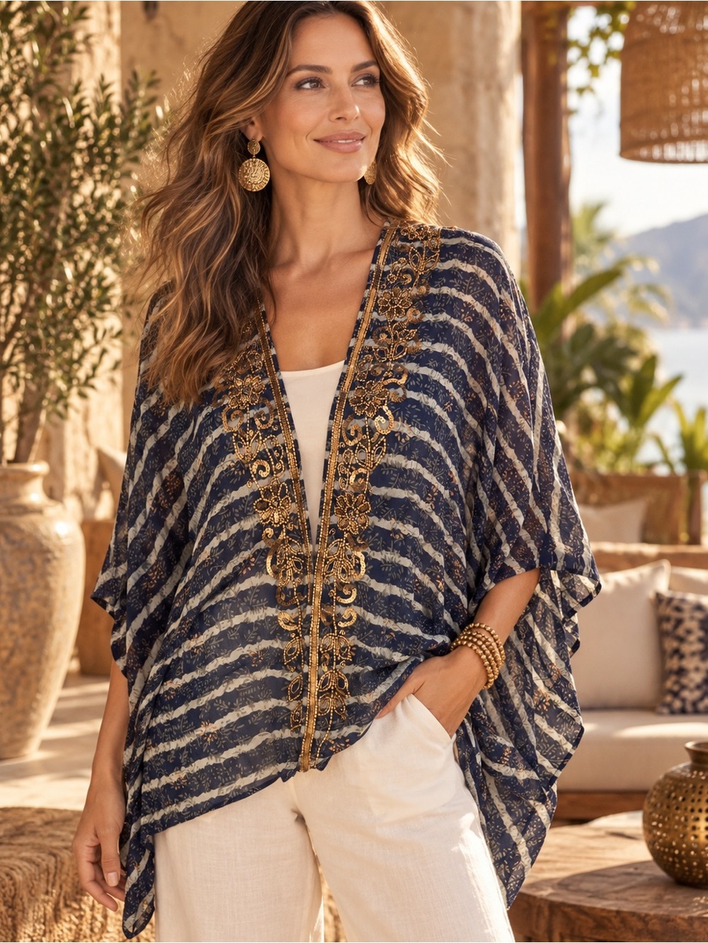 Soft Surroundings Midas Topper S/M Navy Gold Beaded Sequin Boho Kimono